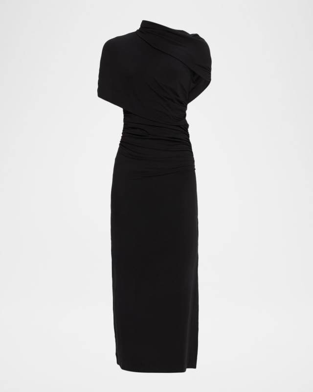 Azure Ruched Mock-Neck Midi Dress